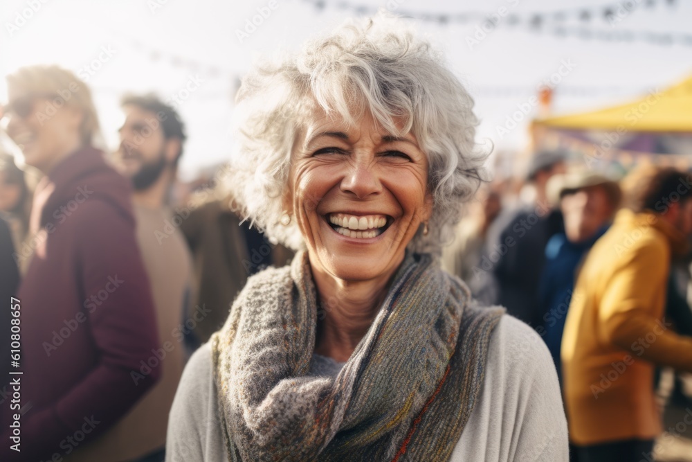 Portrait of a happy middle-aged woman with grey hair on the background of a street market Portrait of a happy middle-aged woman with grey hair on the background of a street market