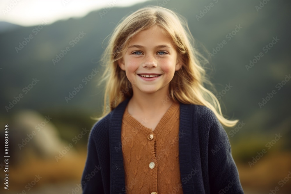 Portrait of a smiling little girl with long blond hair in the mountains Portrait of a smiling little girl with long blond hair in the mountains