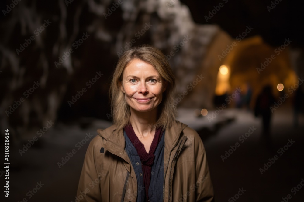 Medium shot portrait photography of a pleased woman in her 40s that is wearing a chic cardigan against an underground cave or cavern background . Generative AI Medium shot portrait photography of a pleased woman in her 40s that is wearing a chic cardigan against an underground cave or cavern background . Generative AI