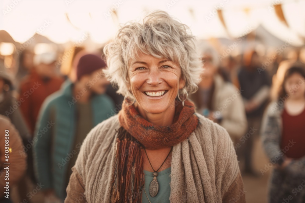 Medium shot portrait photography of a grinning woman in her 50s that is wearing a cozy sweater against an outdoor music festival with attendees having fun background . Generative AI Medium shot portrait photography of a grinning woman in her 50s that is wearing a cozy sweater against an outdoor music festival with attendees having fun background . Generative AI