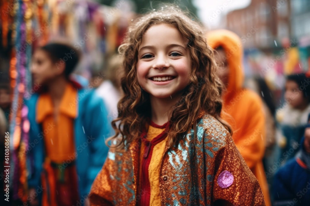 Medium shot portrait photography of a grinning child female that is wearing a chic cardigan against a lively street parade with colorful costumes and music background .  Generative AI