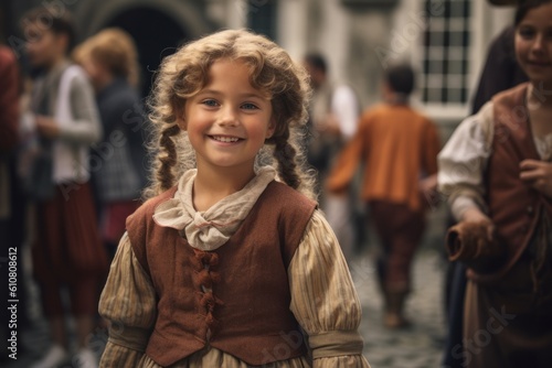 Medium shot portrait photography of a grinning child female that is wearing a chic cardigan against a historic reenactment with costumed actors background . Generative AI
