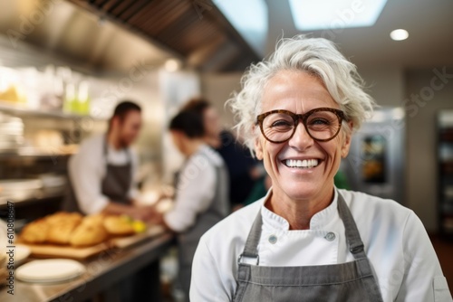 Portrait of a happy senior woman standing in a restaurant kitchen smiling at the camera