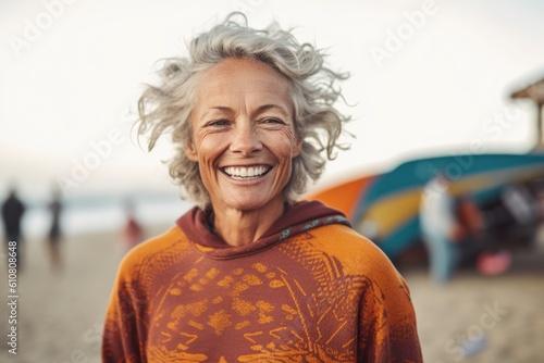 Medium shot portrait photography of a grinning woman in her 50s that is wearing a cozy sweater against a surfing competition at a tropical beach background .  Generative AI