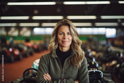 Portrait of smiling woman with crossed arms standing in front of motobike in garage