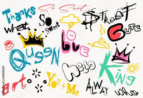 Graffiti words and elements, street art with spray paint drips. Abstract urban wall scribbles savage