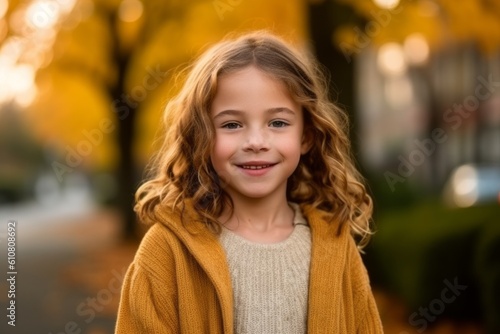 Portrait of a cute little girl with blond curly hair in a yellow sweater on the background of autumn park