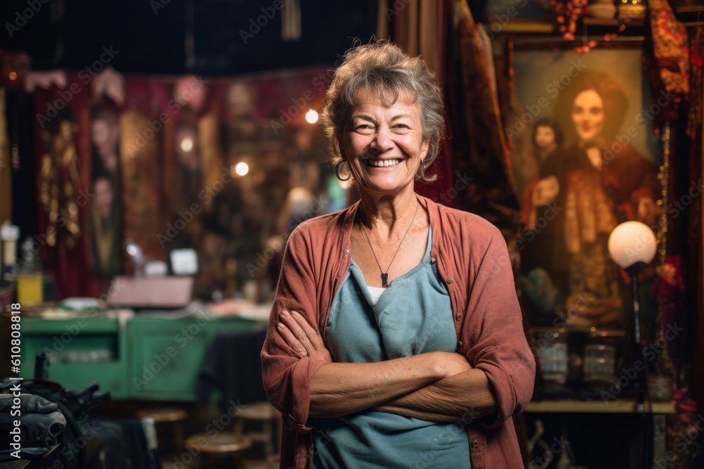 Medium shot portrait photography of a grinning woman in her 50s that is wearing knee-length shorts against a backstage of a theater with costumes and props background .  Generative AI