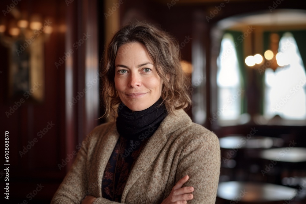 Portrait of a middle-aged woman in the cafe, smiling. Portrait of a middle-aged woman in the cafe, smiling.