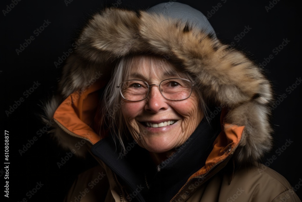 Portrait of a senior woman in a warm jacket and hat. Portrait of a senior woman in a warm jacket and hat.