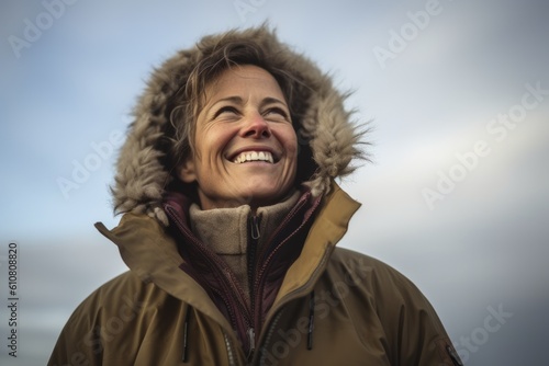 Mature woman in winter jacket smiling at camera, low angle view