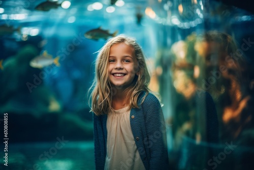 Medium shot portrait photography of a grinning child female that is wearing a chic cardigan against an aquarium or underwater background . Generative AI