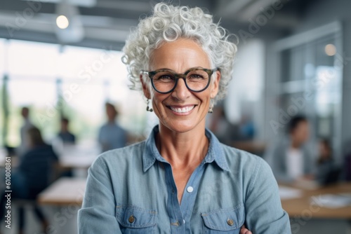 Portrait of smiling businesswoman in eyeglasses standing in office © Leon Waltz