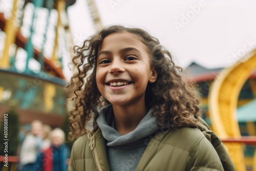 smiling girl with curly hair looking at camera and smiling at amusement park