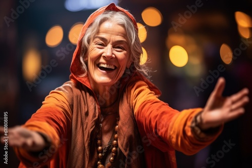 Portrait of happy senior woman in hoodie dancing at night club