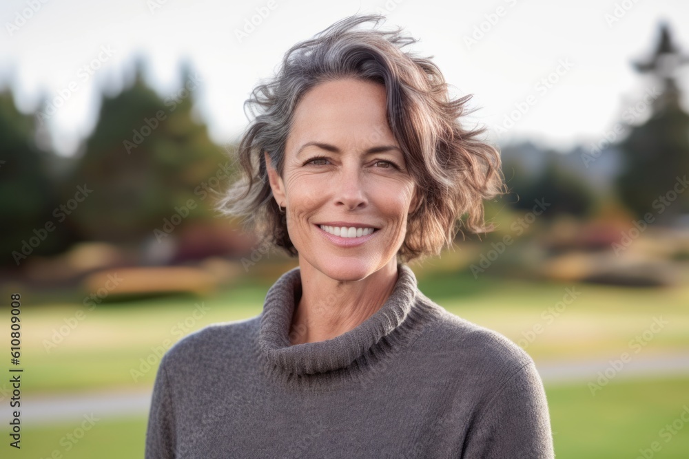 Portrait of smiling mature woman in park on an autumns day Portrait of smiling mature woman in park on an autumns day