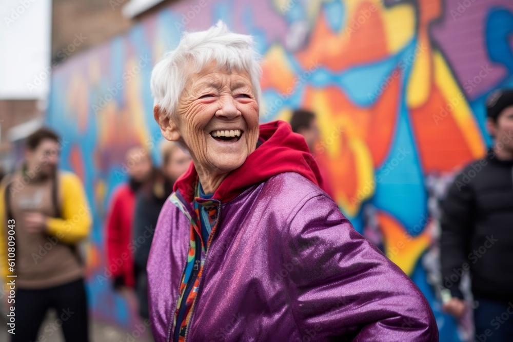 Medium shot portrait photography of a grinning woman in her 70s that is wearing a comfortable tracksuit against an urban street art mural with a crowd gathered background .  Generative AI