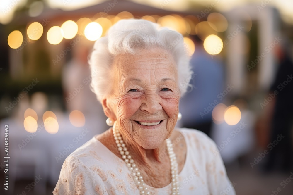 Medium shot portrait photography of a grinning woman in her 80s that is wearing a chic cardigan against a wedding or romantic background . Generative AI Medium shot portrait photography of a grinning woman in her 80s that is wearing a chic cardigan against a wedding or romantic background . Generative AI
