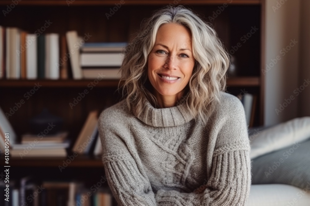 Portrait of smiling mature woman looking at camera while sitting on sofa at home Portrait of smiling mature woman looking at camera while sitting on sofa at home