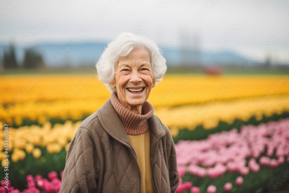 Portrait of happy senior woman standing in tulip field, looking at camera Portrait of happy senior woman standing in tulip field, looking at camera