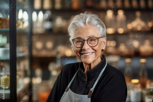 Medium shot portrait photography of a grinning woman in her 70s that is wearing a chic cardigan against a well-stocked gourmet kitchen with a chef at work background . Generative AI