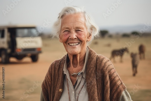 Portrait of smiling senior woman standing in front of safari jeep