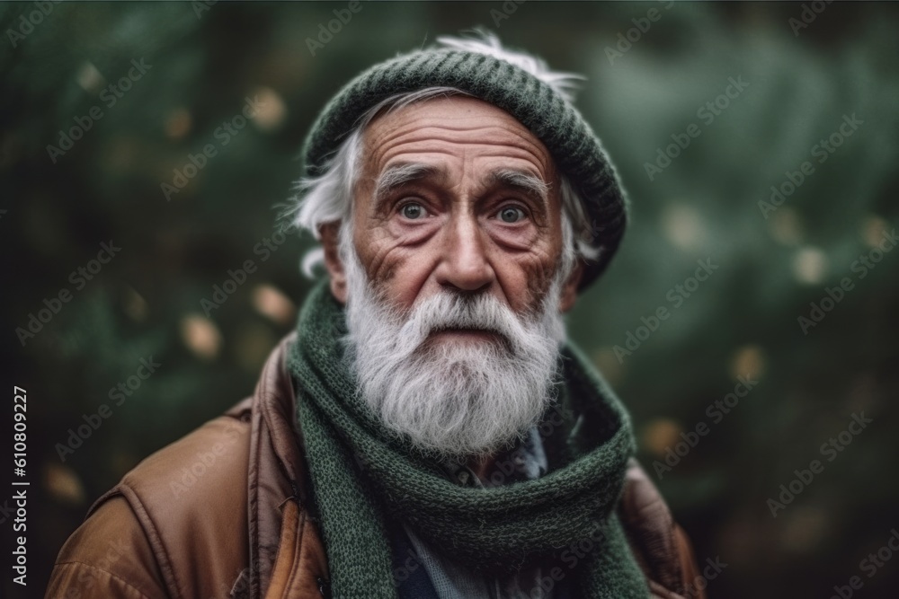 Portrait of an old man with a gray beard in a green hat and a brown jacket Portrait of an old man with a gray beard in a green hat and a brown jacket