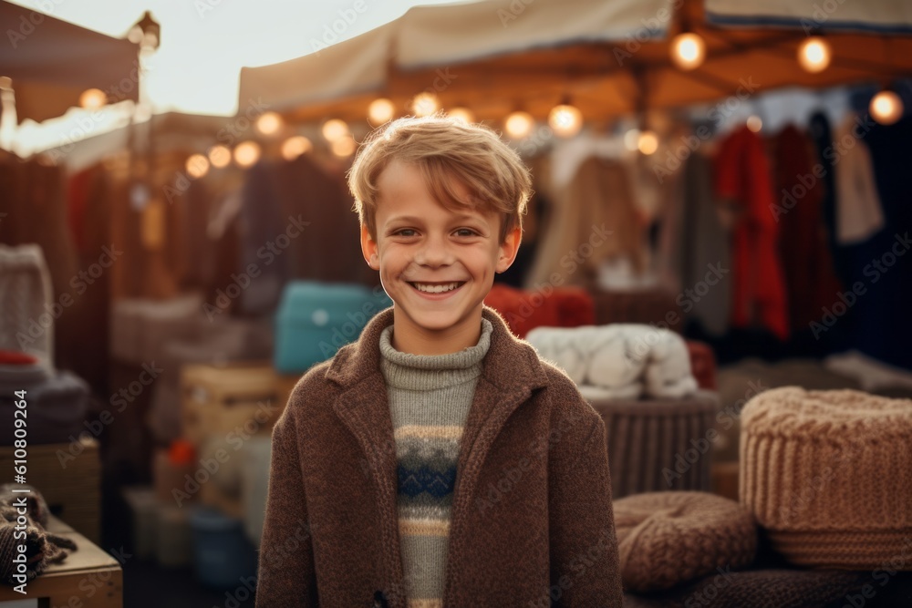 Portrait of a smiling little boy in a coat on the market Portrait of a smiling little boy in a coat on the market