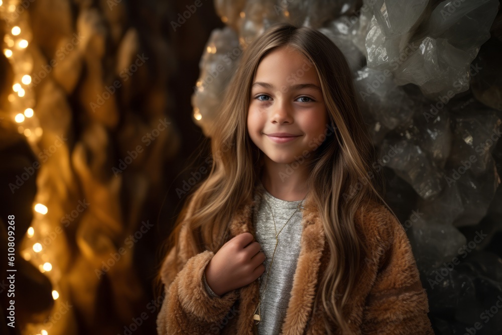 Medium shot portrait photography of a pleased child female that is wearing a chic cardigan against a geode or crystal cave background .  Generative AI