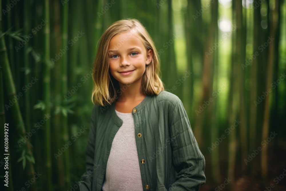 Portrait of smiling little girl standing in bamboo forest on a sunny day Portrait of smiling little girl standing in bamboo forest on a sunny day