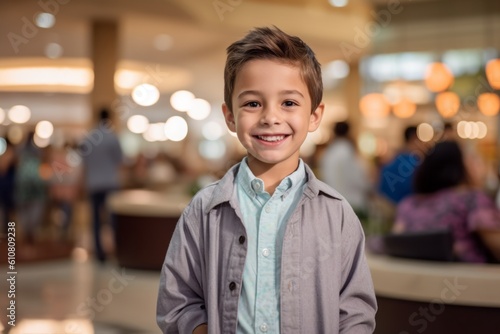 Portrait of smiling little boy in shopping mall at the day time