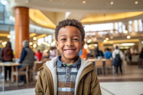 Portrait of smiling african american little boy in shopping mall