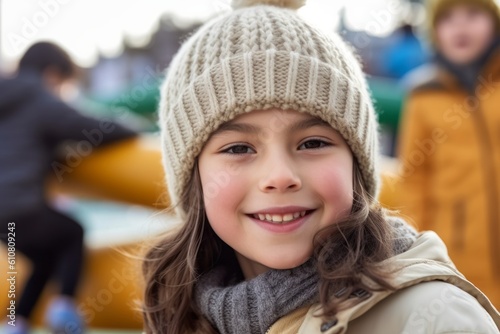 Portrait of a smiling little girl in winter clothes on the playground © Eber Braun