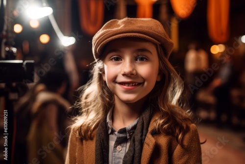 Medium shot portrait photography of a pleased child female that is wearing a chic cardigan against a backstage of a theater with costumes and props background .  Generative AI photo