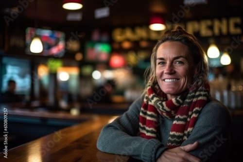 Portrait of smiling woman sitting at counter in pub and looking at camera