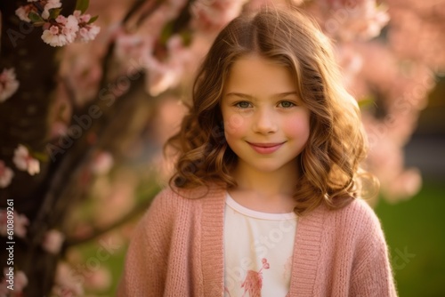 Portrait of a cute little girl in a blooming garden.