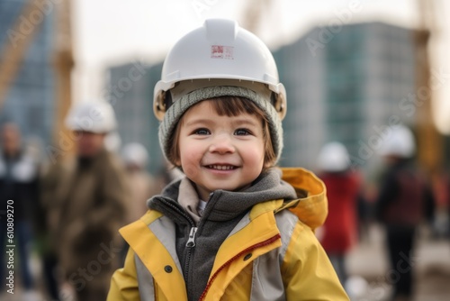 Happy little boy in helmet and yellow jacket on construction site background.