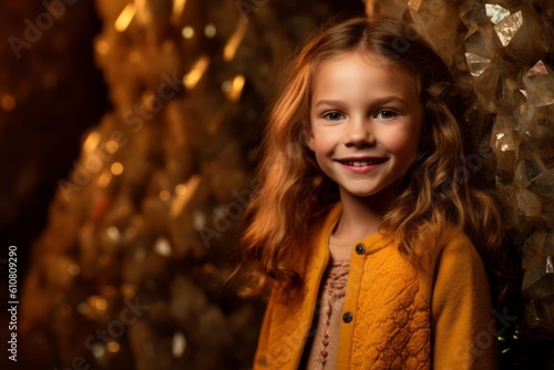 Medium shot portrait photography of a pleased child female that is wearing a chic cardigan against a geode or crystal cave background . Generative AI