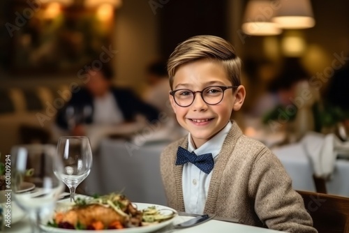 cute little boy in glasses and bow tie eating dinner at restaurant