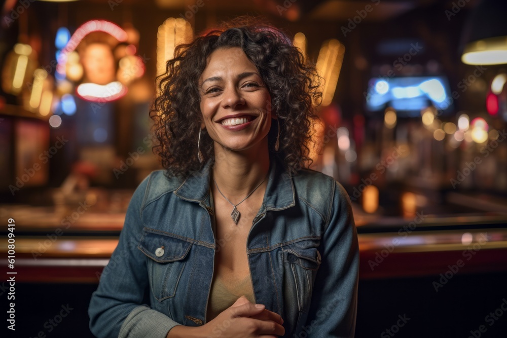 Portrait of smiling woman standing with arms crossed at bar counter in nightclub