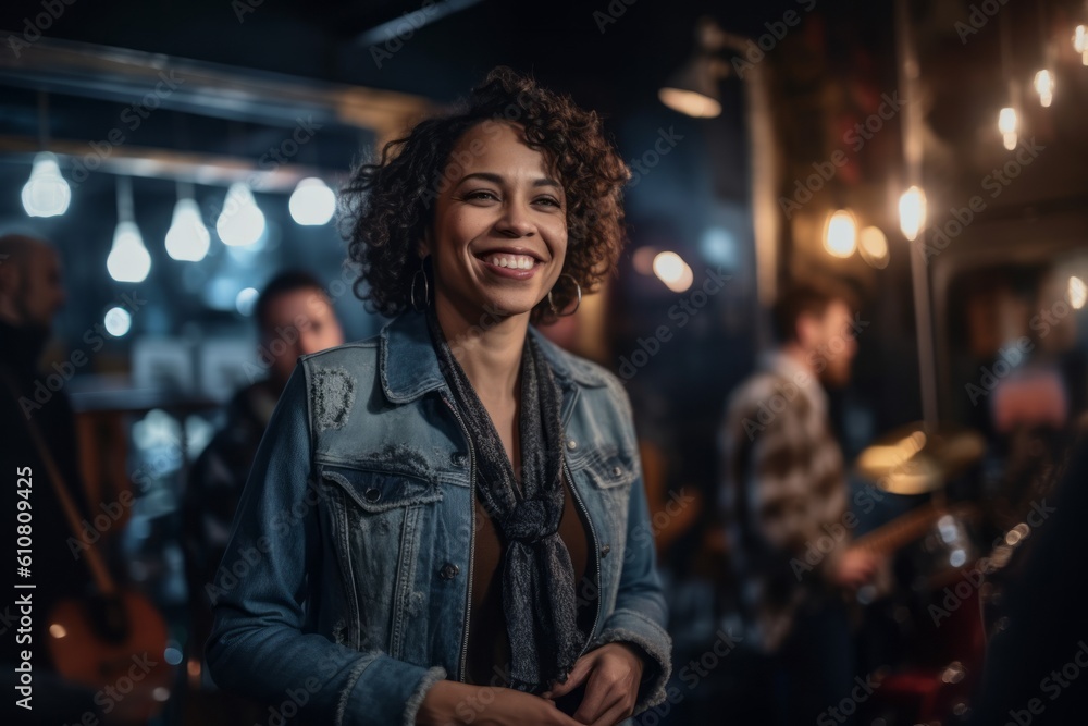 Portrait of a smiling young woman standing in a pub and looking at the camera