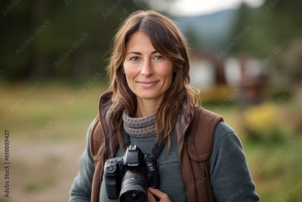Portrait of smiling female photographer with digital camera in the countryside. Portrait of smiling female photographer with digital camera in the countryside.