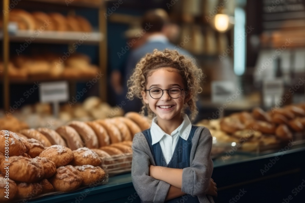 Medium shot portrait photography of a pleased child female that is wearing a classic blazer against a busy bakery with freshly baked goods and bakers at work background .  Generative AI