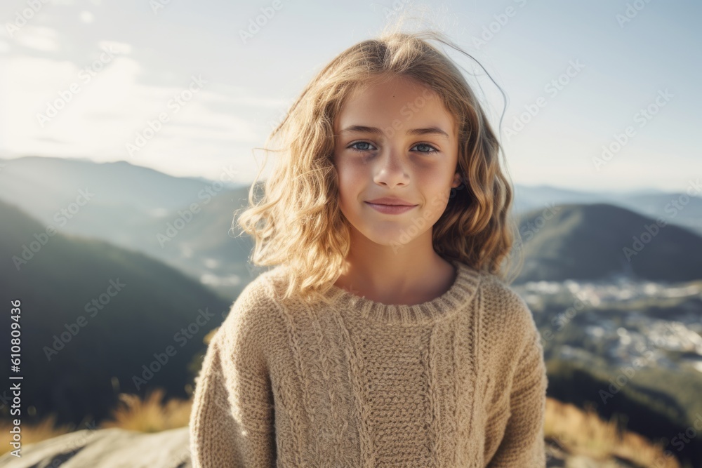 Portrait of beautiful little girl on the top of the mountain. Portrait of beautiful little girl on the top of the mountain.
