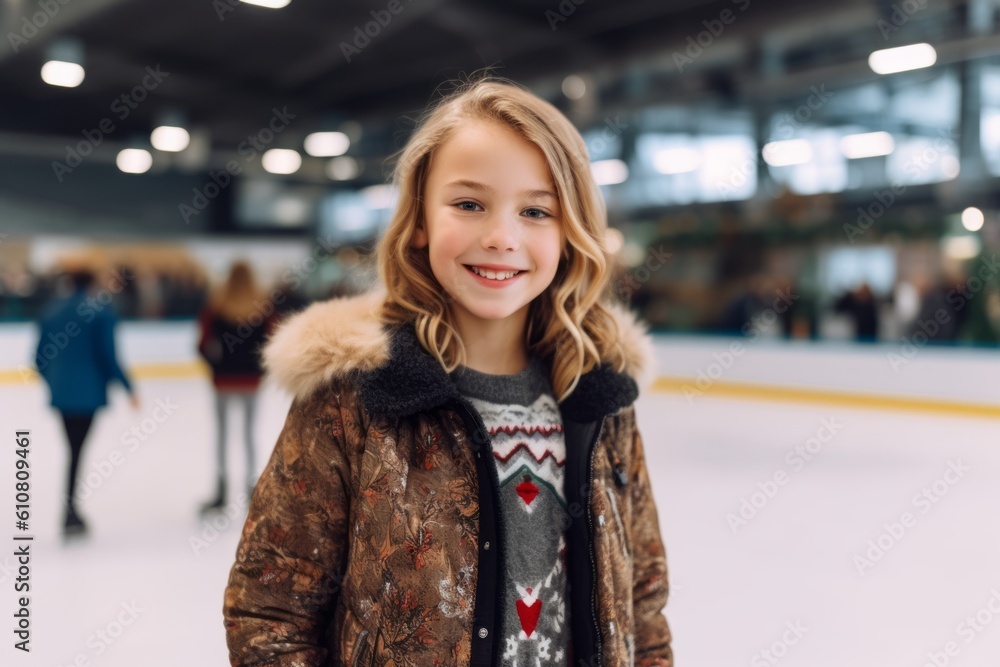 smiling little girl in winter jacket standing on ice rink and looking at camera
