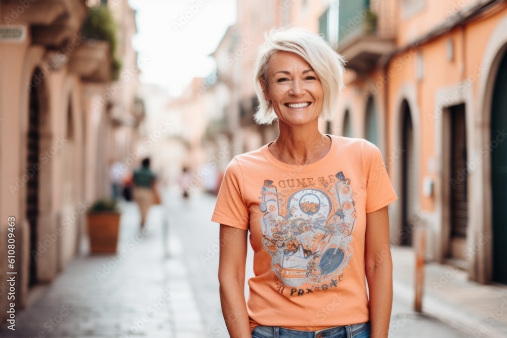 Portrait of smiling senior woman walking in the street. Elderly lady wearing casual t-shirt.