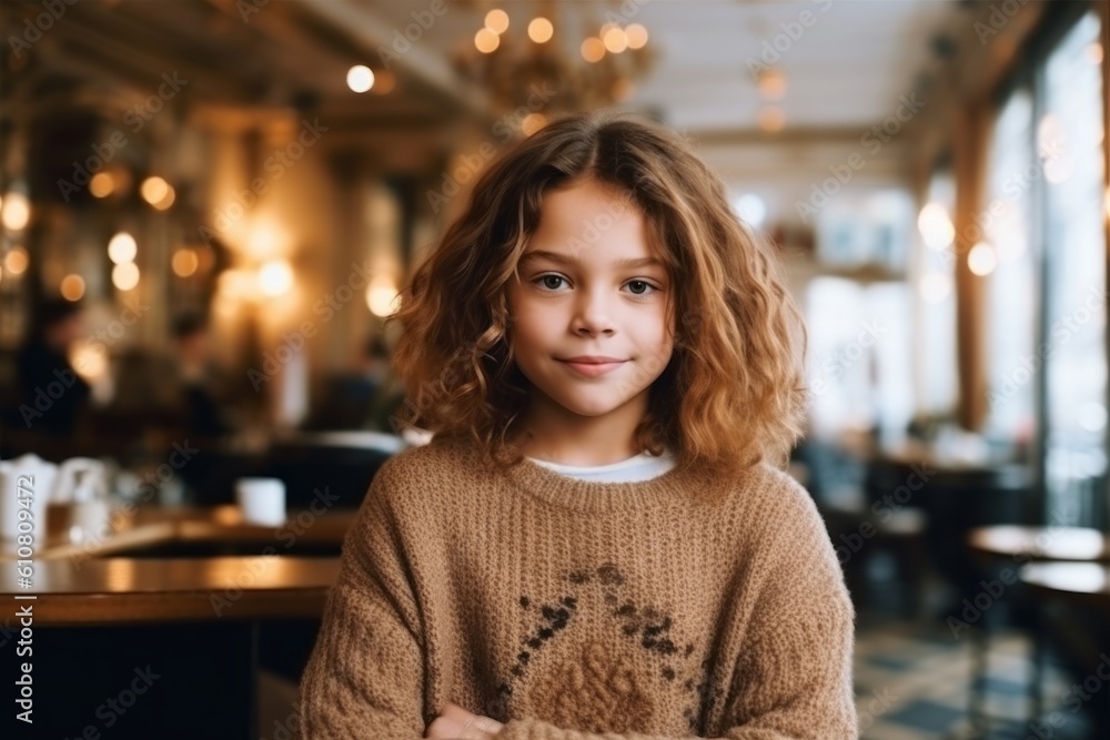 Medium shot portrait photography of a pleased child female that is wearing a cozy sweater against a parisian or european cafe background . Generative AI Medium shot portrait photography of a pleased child female that is wearing a cozy sweater against a parisian or european cafe background . Generative AI