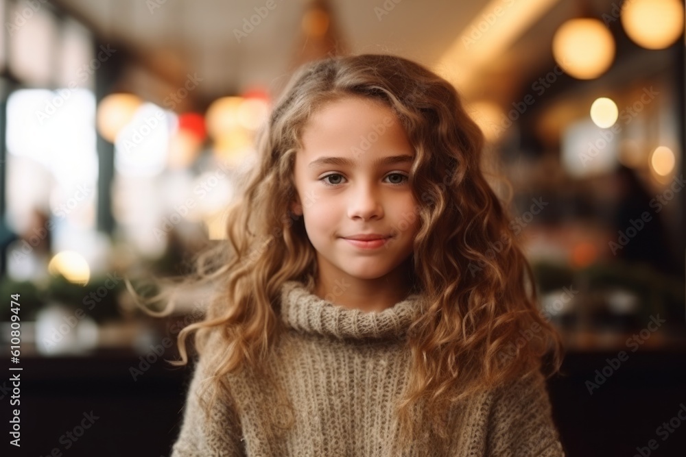 Portrait of a cute little girl with curly hair in a cafe Portrait of a cute little girl with curly hair in a cafe