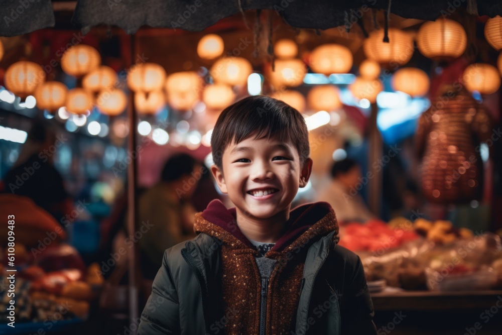 Medium shot portrait photography of a grinning child male that is wearing a chic cardigan against a lively night market with street food vendors background .  Generative AI