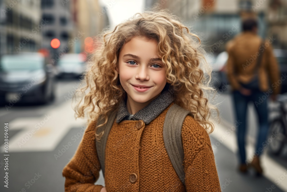 Fototapeta premium Portrait of a cute little girl with curly hair in the city